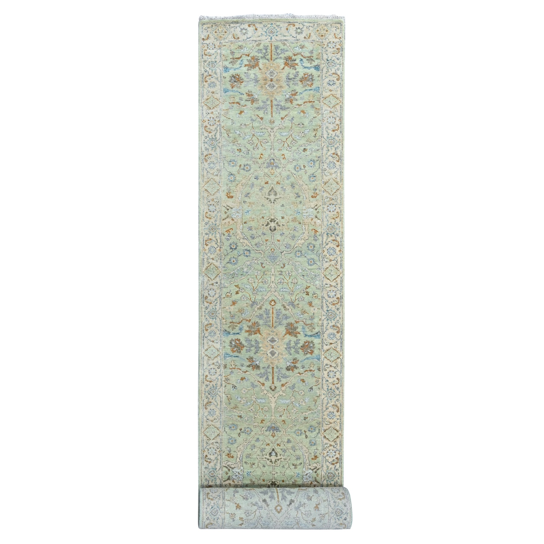 2'6"x16' Pistachio Green, Oushak with Floral Motifs, Hand Knotted, Pure Wool, Soft Pile, Denser Weave, XL Runner, Oriental Rug 